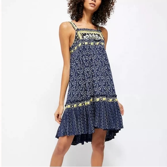 Free People Dresses & Skirts - Free People “Borderline” Navy Blue Floral Swing Tank Embroidered Sundress XS